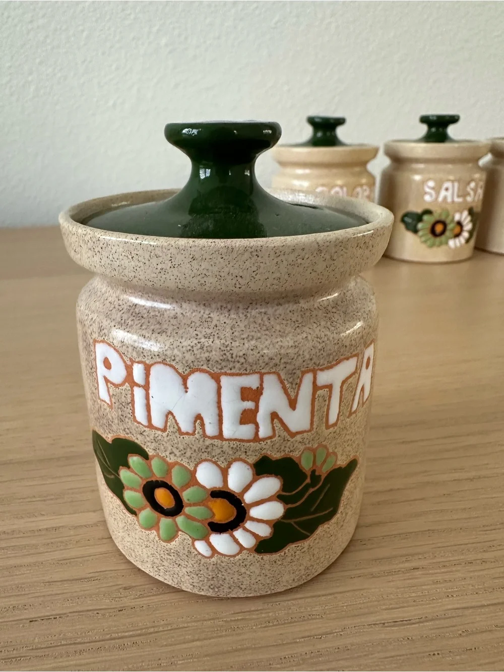 Set of 4 Vintage Ceramic Spice Jars with Green Lids